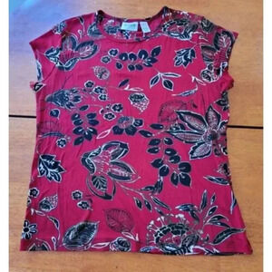 Chicos Travelers Red & Black Floral Print Top Size 2 Womens L Made in USA